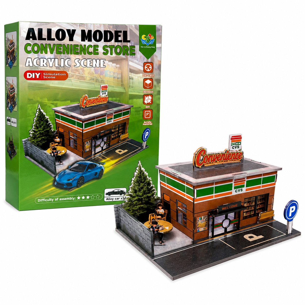 DIY Convenience Store Diorama with 2 Diecast Cars | 1:64 Scale Acrylic Display Scene