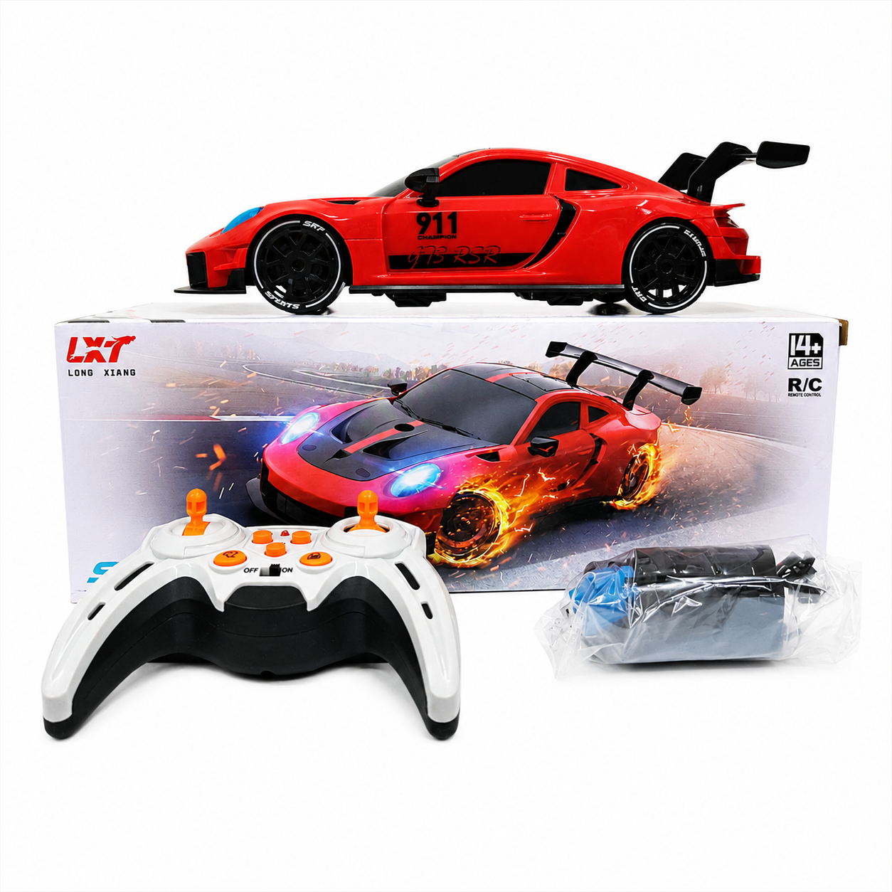 Red Porsche 911 GT3 RSR RC Remote Control Sports Car with LED Lights & 2.4GHz Controller | Rechargeable High-Speed Racing Car