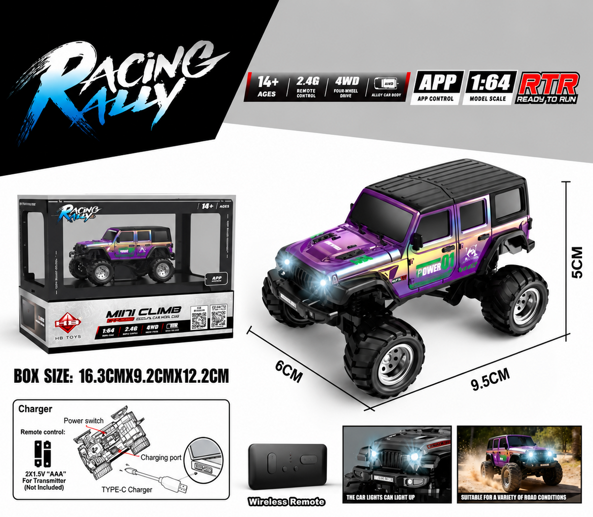 Racing Rally Mini Climb 1:64 4WD RC Car – 2.4GHz APP Control