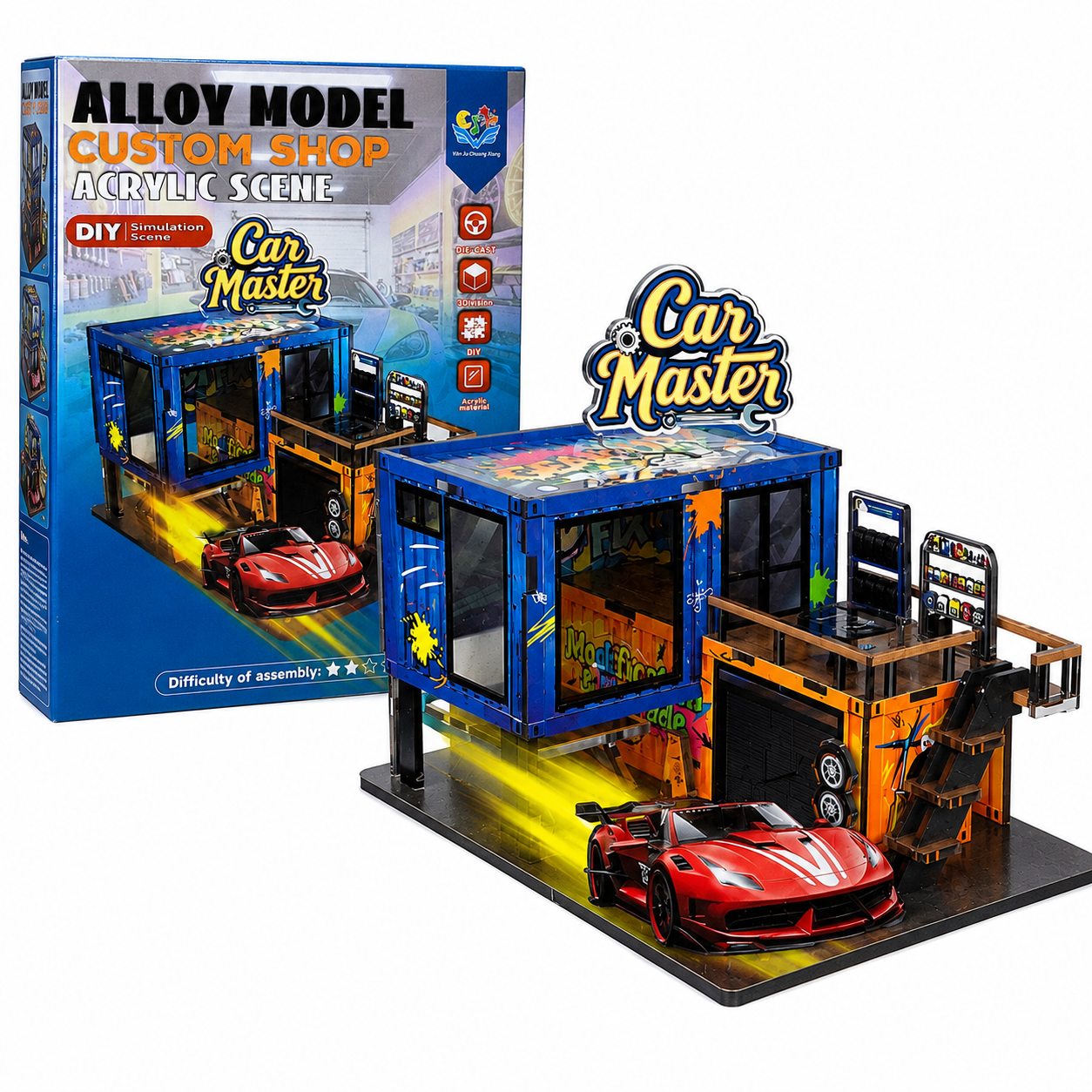 DIY Custom Shop Garage Diorama with 2 Diecast Cars | 1:64 Scale Acrylic Display Scene |