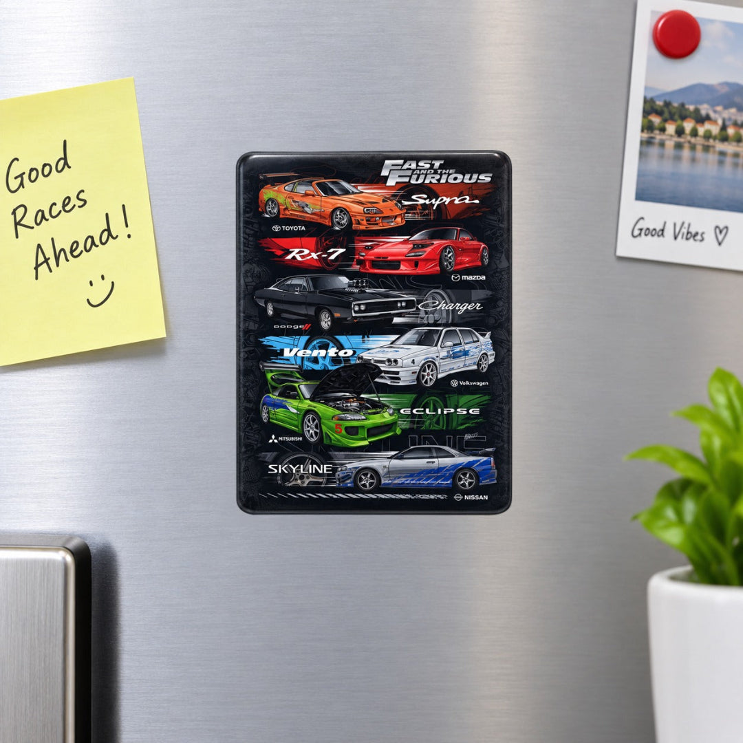 Fast & Furious Car Themed Fridge Magnet – Supra, RX-7, Charger, Vento, Eclipse & Skyline | 7.2 × 9.4 cm