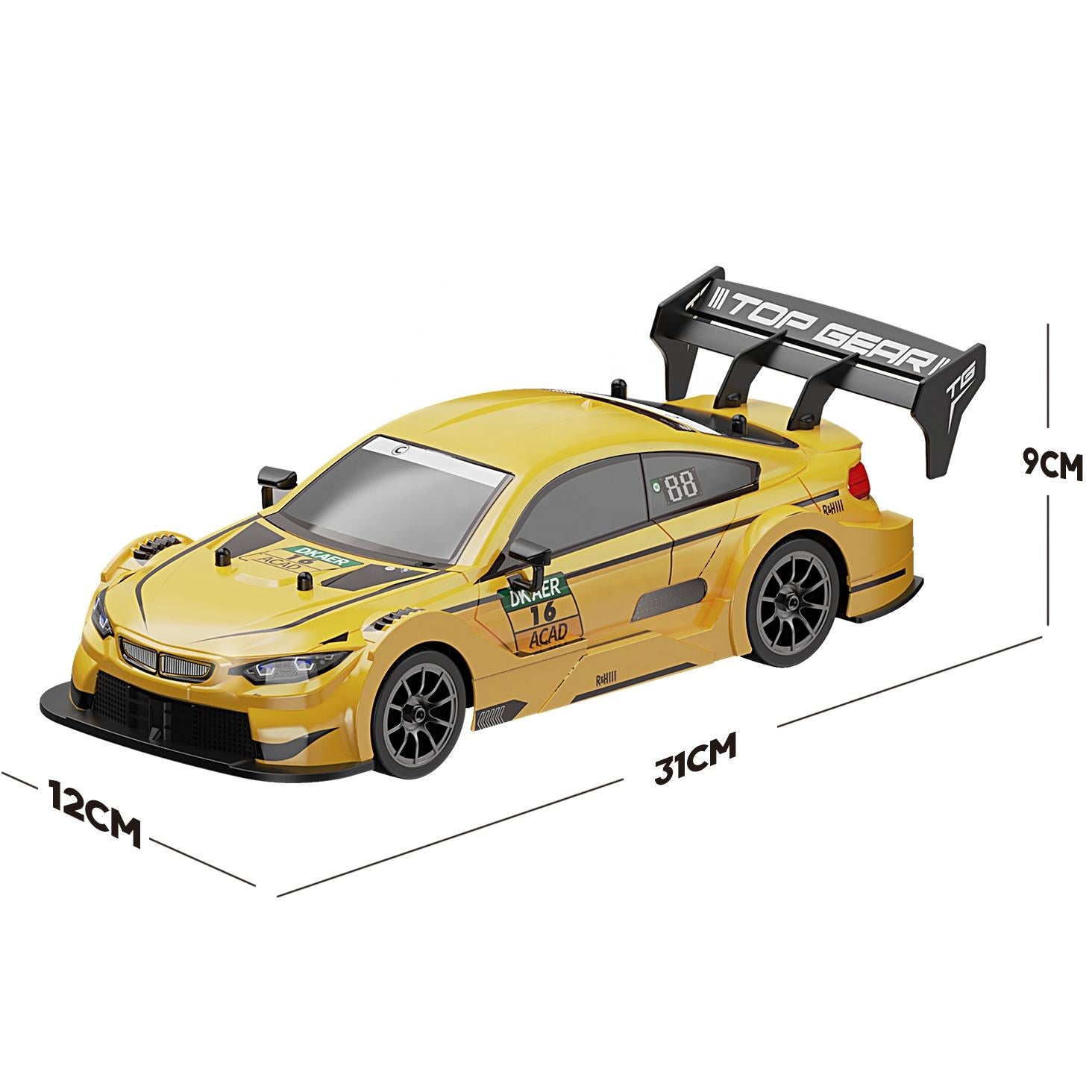 Whoosh DC Future Mega 9 Collection Super-Drift 1:16 Scale 2.4Ghz 4WD High Speed RTR Racing Car 30KM/H with Led Lights, Remote Control , Batteries and Drift Tire - Yellow