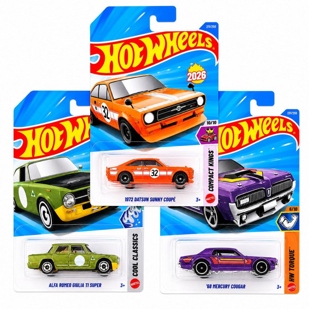 Hot Wheels Combo Set of 3 - 1972 Datsun Sunny Coupé, Alfa Romeo Giulia TI Super & '68 Mercury Cougar Imported Mainline
