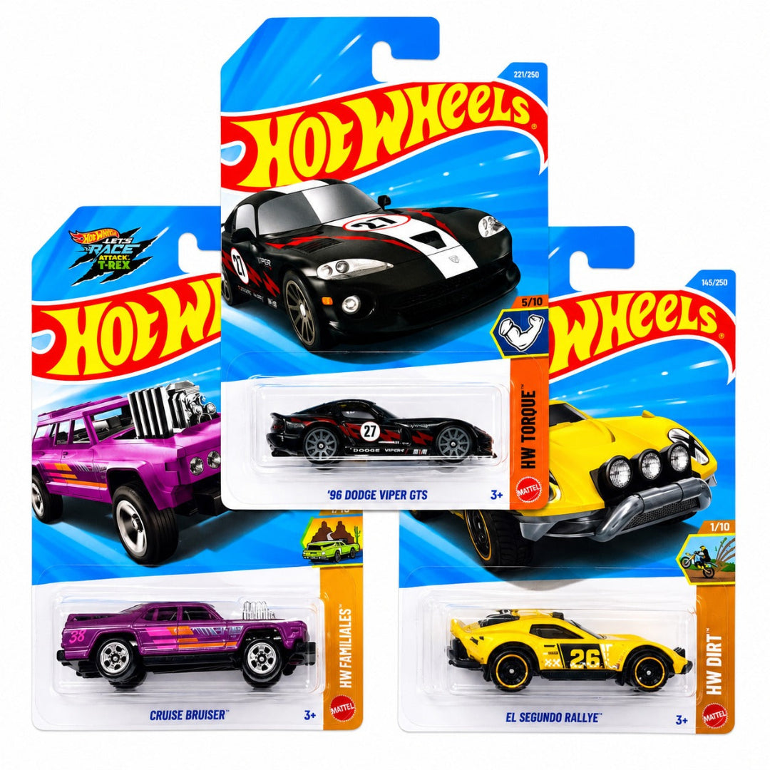 Hot Wheels Combo Set of 3 - '96 Dodge Viper GTS, Cruise Bruiser & El Segundo Rallye Imported Mainline