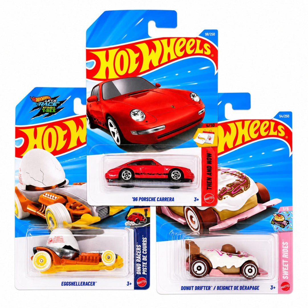 Hot Wheels Combo Set of 3 - '96 Porsche Carrera, Eggshelleracer & Donut Drifter Imported Mainline