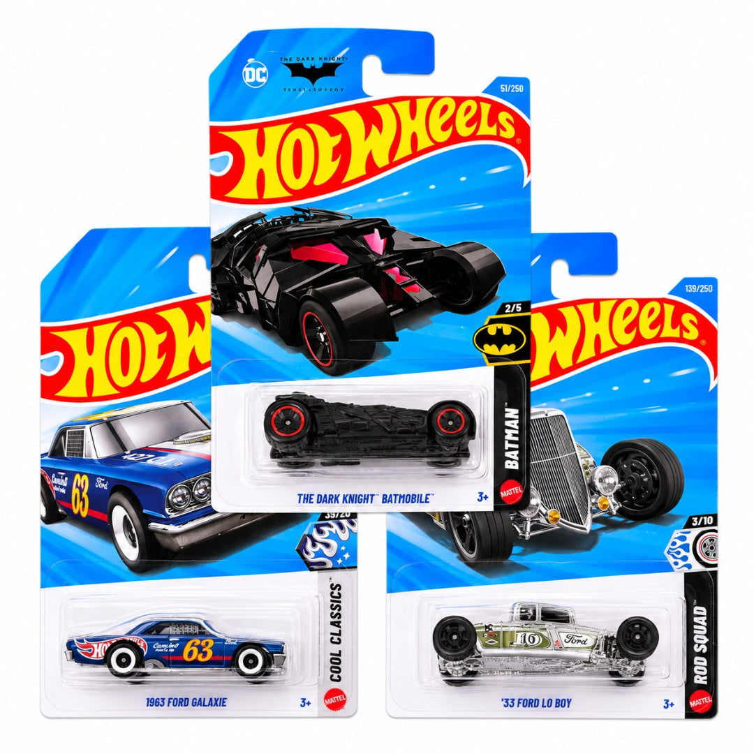 Hot Wheels Combo Set of 3 - The Dark Knight Batmobile, 1963 Ford Galaxie & '33 Ford Lo Boy Imported Mainline