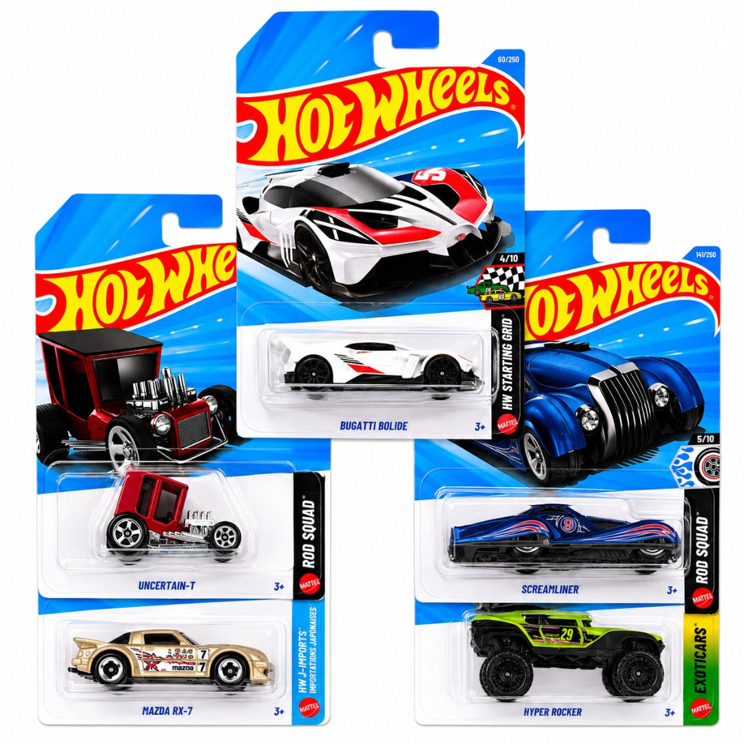 Hot Wheels Combo Set of 5 - Bugatti Bolide, Uncertain-T, Mazda RX-7, Screamliner & Hyper Rocker Imported Mainline