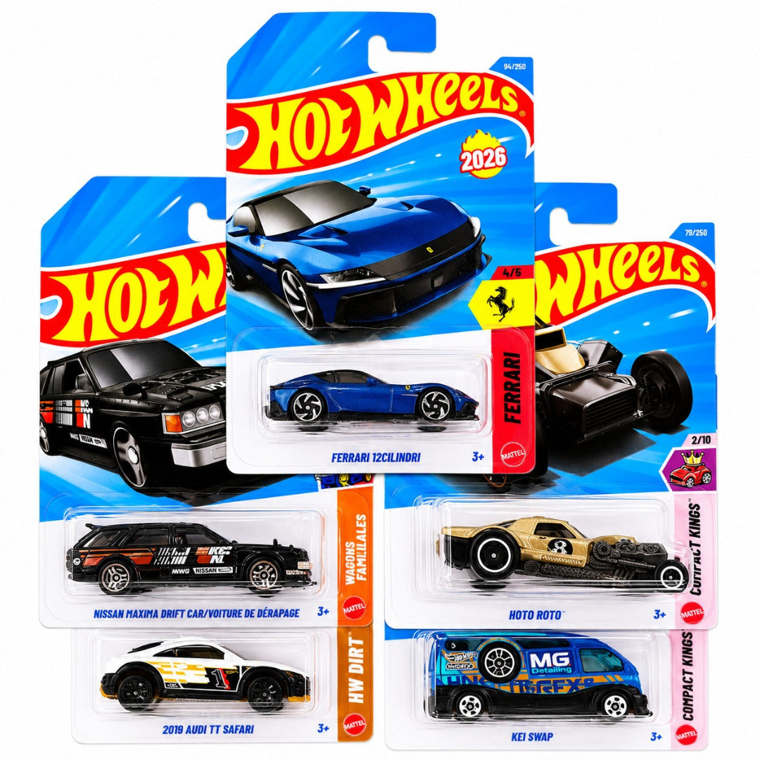 Hot Wheels Combo Set of 5 - Ferrari 12Cilindri, Nissan Maxima Drift Car, 2019 Audi TT Safari, Hoto Roto & Kei Swap Imported Mainline