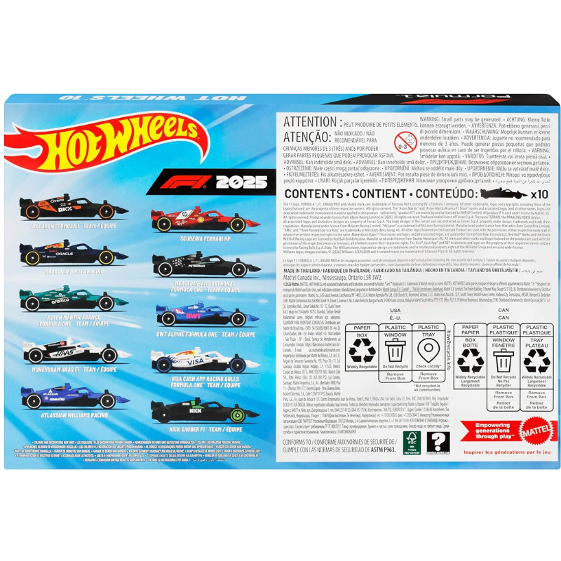 Hot Wheels Formula 1 2025 10-Pack Diecast Cars Set | 1:64 Scale Official F1 Collection