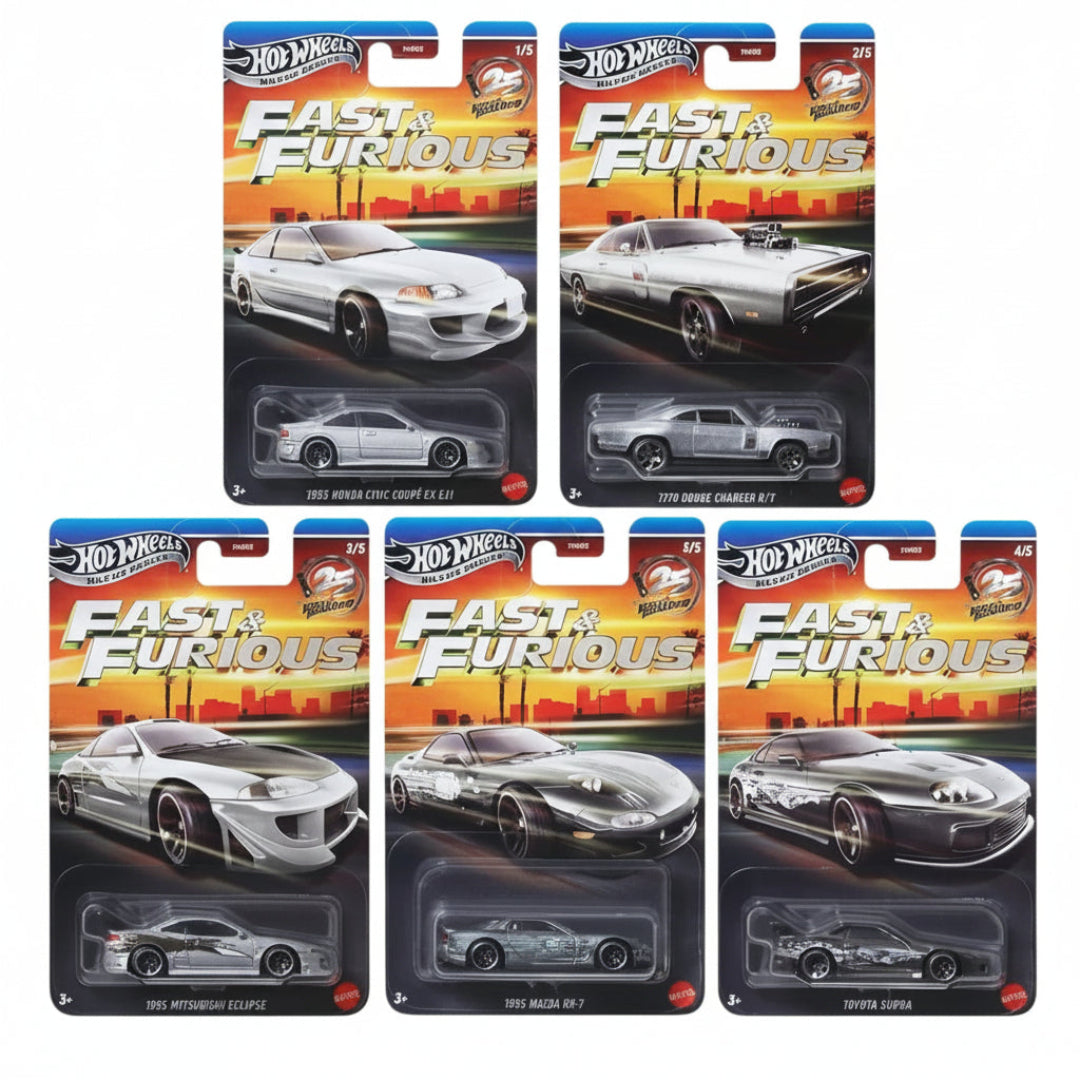 Hot Wheels Imported Fast & Furious Silver Series 5-Pack Die-Cast Car Collection | 1:64 Scale Toy Cars for Kids & Collectors