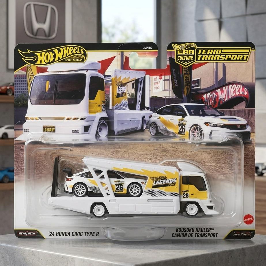 Hot Wheels '24 Honda Civic Type R and Kousaku Hauler' toy car set packaging.