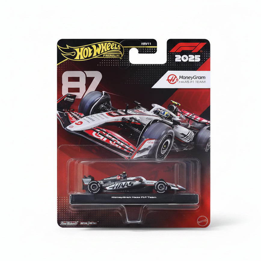 Hot Wheels Premium F1 2025 MoneyGram Haas F1 Team #31 1:64 Diecast Race Car with Real Riders