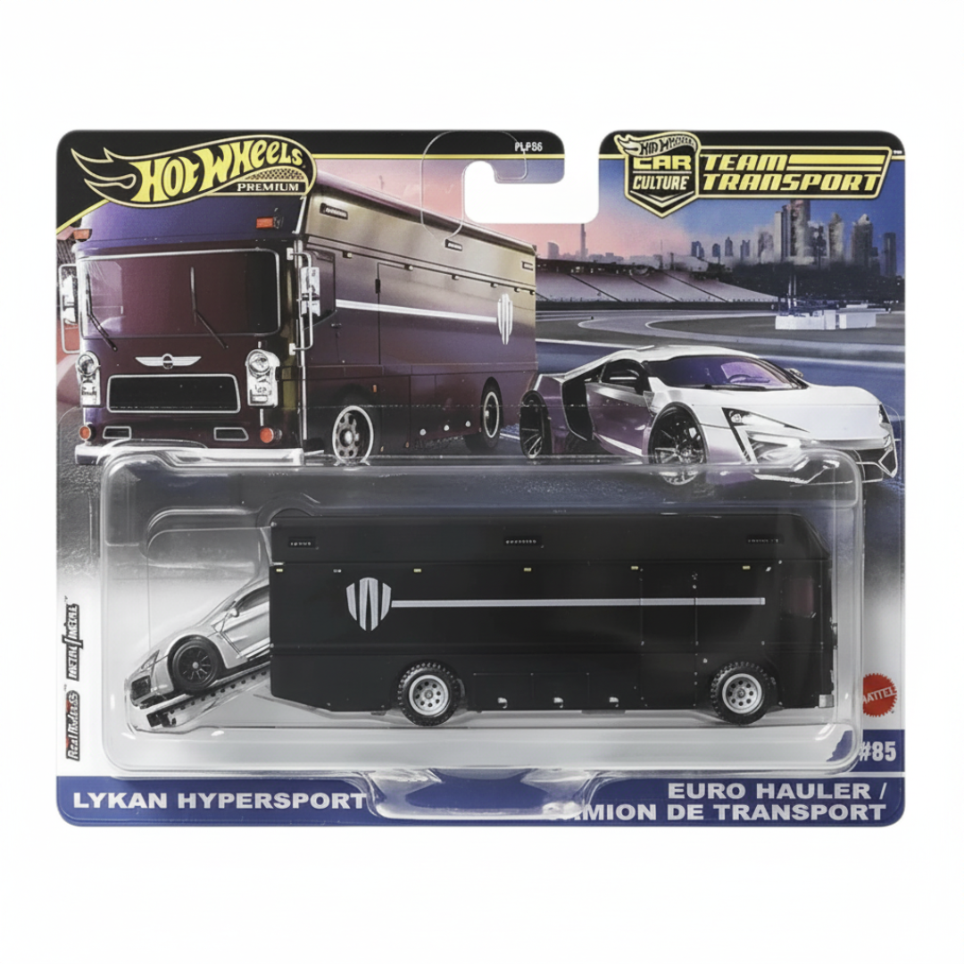 Hot Wheels Premium Imported Lykan Hypersport with Euro Hauler Transporter – Car Culture Team Transport 1:64 Scale Die-Cast Set