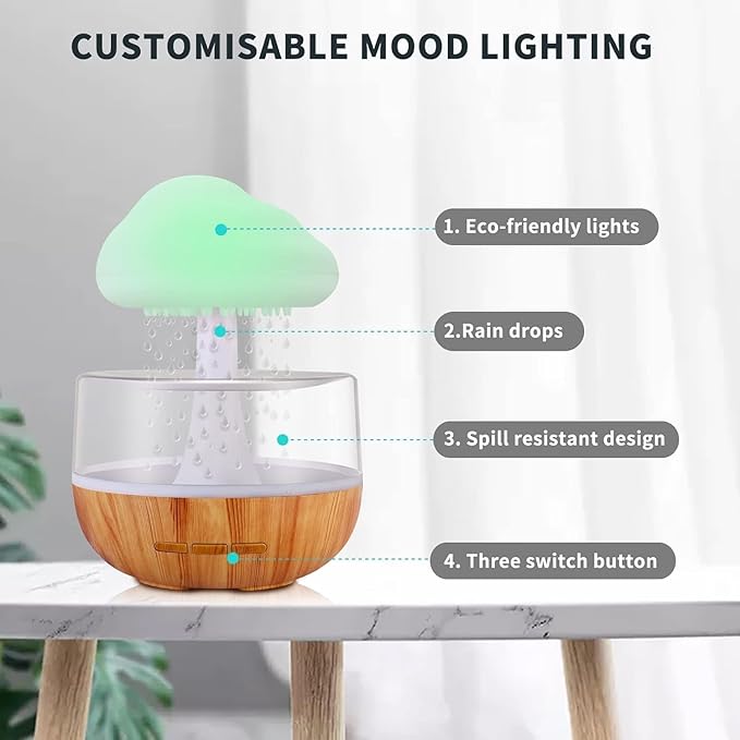 Rain Cloud Humidifier With Multicolor LED Lamp With Raindrop Sound - USB Chargeable