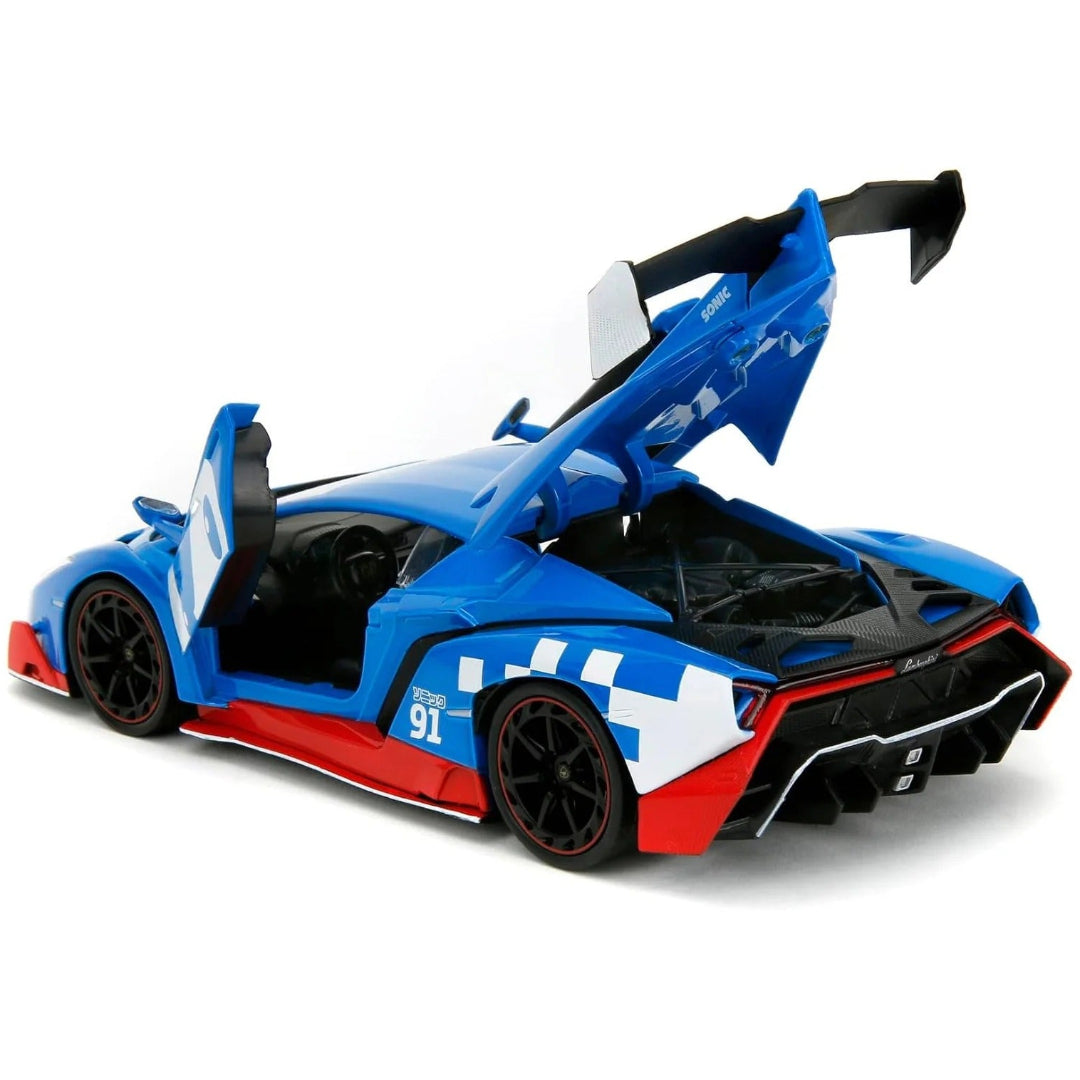 Jada Sonic Classic Lamborghini Veneno 1:24 Diecast Model Car with Sonic Figure – Blue & Red