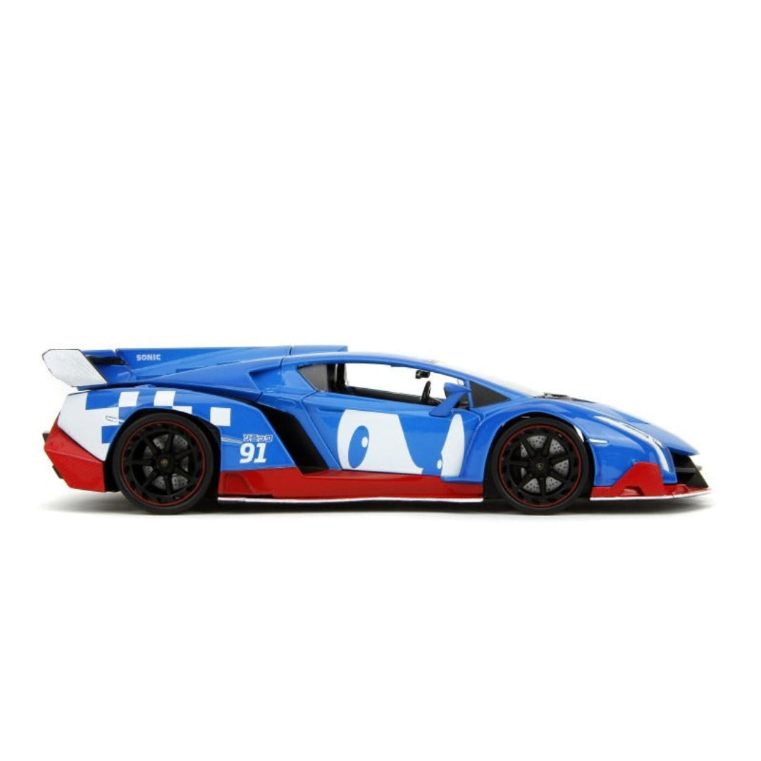 Jada Sonic Classic Lamborghini Veneno 1:24 Diecast Model Car with Sonic Figure – Blue & Red