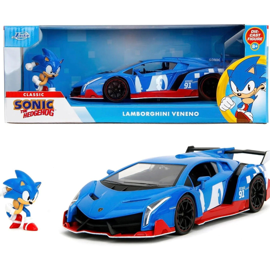 Jada Sonic Classic Lamborghini Veneno 1:24 Diecast Model Car with Sonic Figure – Blue & Red