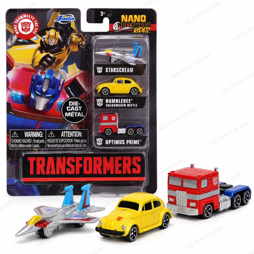 Jada Toys Transformers G1 Nano Hollywood Rides 3-Piece Diecast Set – Starscream, Bumblebee & Optimus Prime