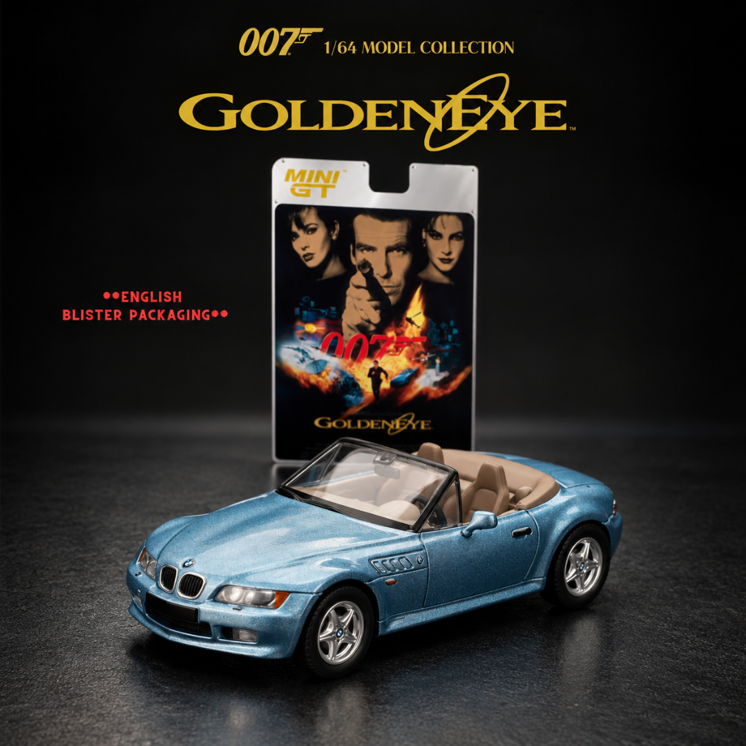 MINI GT Imported BMW Z3 โGoldenEyeโ James Bond 007 1:64 Diecast #914 โ English Blister Packaging
