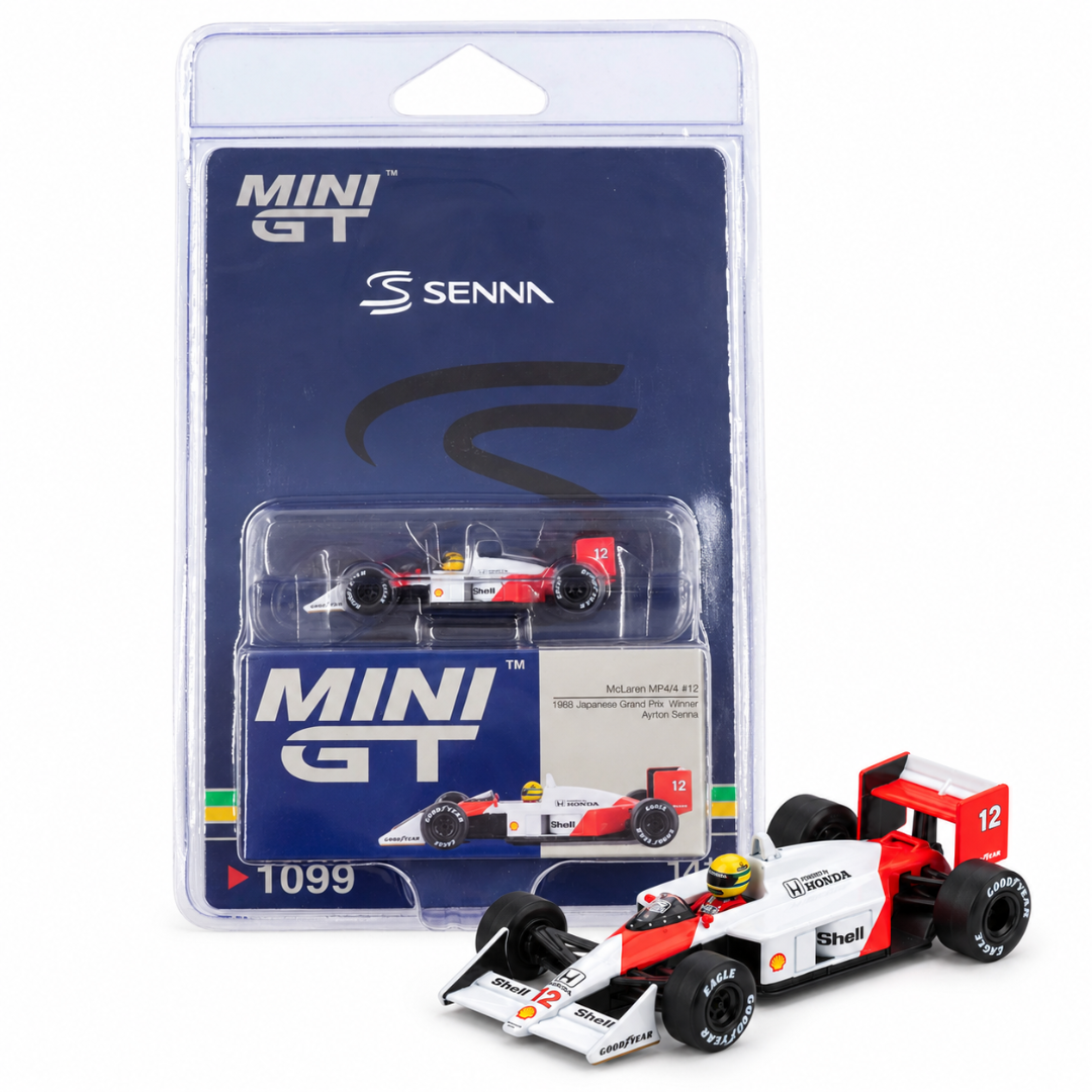 MINI GT Imported McLaren MP4/4 #12 Ayrton Senna 1988 Japanese Grand Prix Winner 1:64 #1099 โ Blister Packaging
