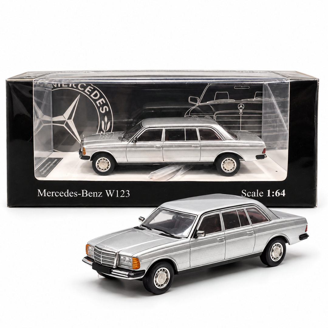 Mercedes-Benz W123 Silver 1:64 Scale Die-Cast Model Car – Classic Luxury Sedan