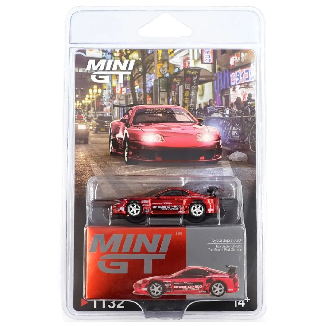 Mini GT #1132 Toyota Supra (A80) Top Secret GT-300 Red Chrome 1:64 Diecast Model Car | Collectible Scale Model