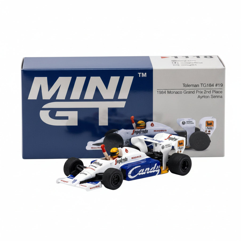 Mini GT Toleman TG184 #19 1984 Monaco Grand Prix Ayrton Senna 2nd Place 1:64 Scale Diecast Formula 1 Model Car