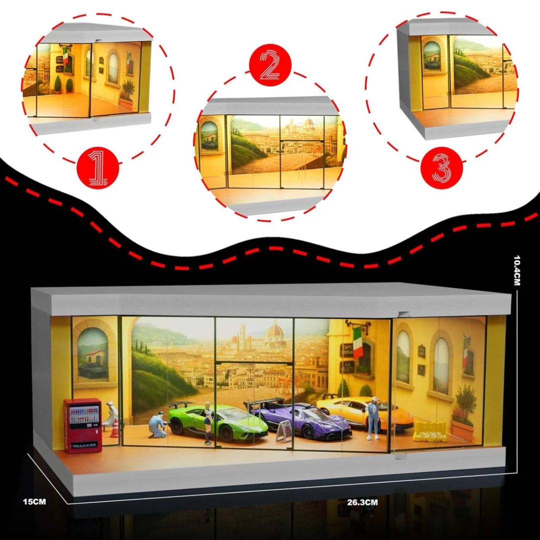 Miniature Street Luxury Car Showroom Diorama Display with LED Lighting 1:64 Scale SCJ #73441D