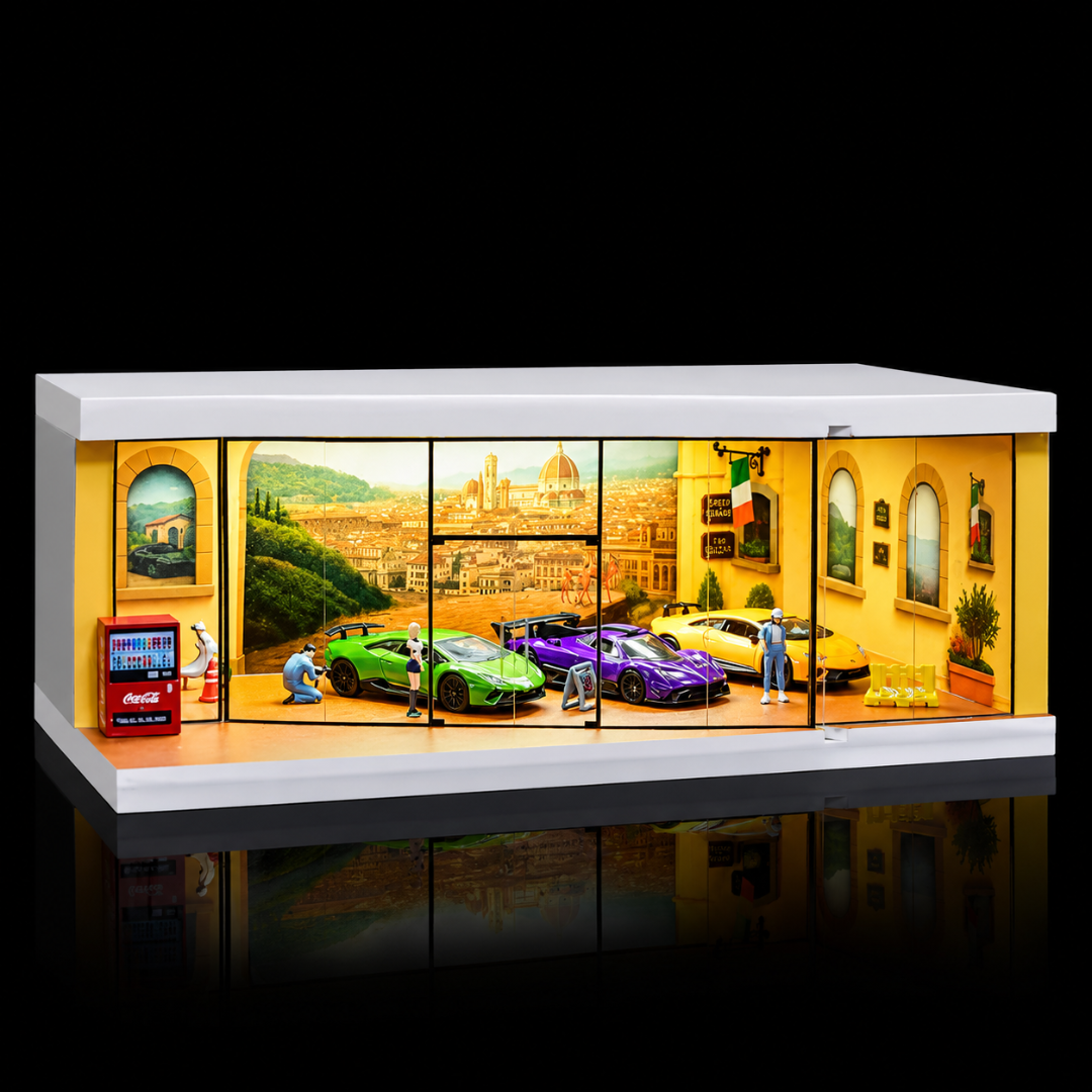 Miniature Street Luxury Car Showroom Diorama Display with LED Lighting 1:64 Scale SCJ #73441D