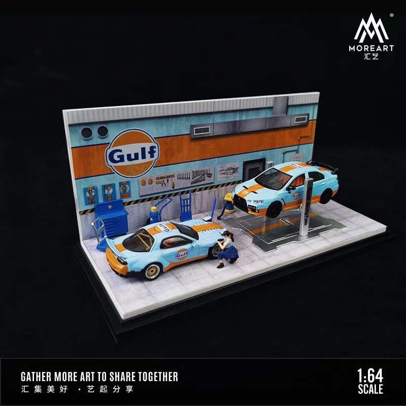 MoreArt Gulf Automobile Repair Workshop Diorama – 1:64 Scale Garage Display Scene for Diecast Cars