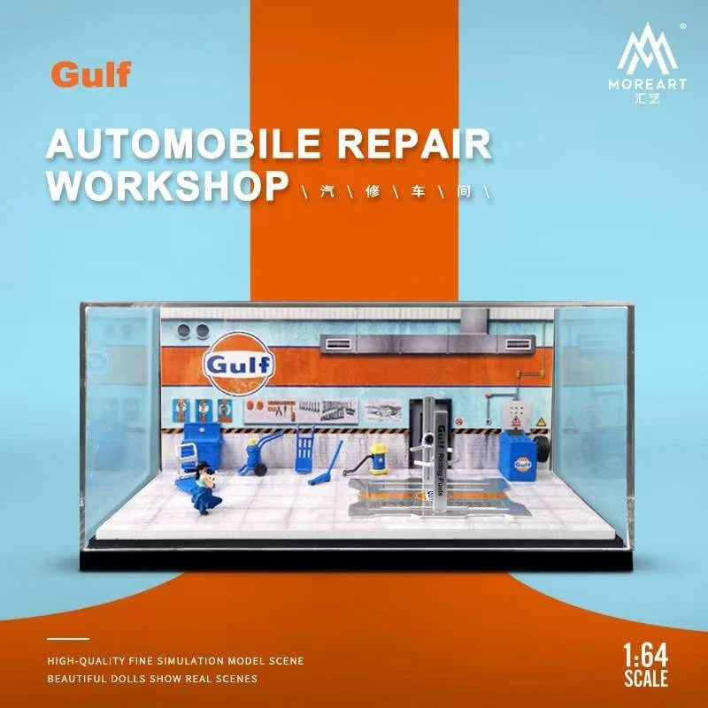 MoreArt Gulf Automobile Repair Workshop Diorama – 1:64 Scale Garage Display Scene for Diecast Cars