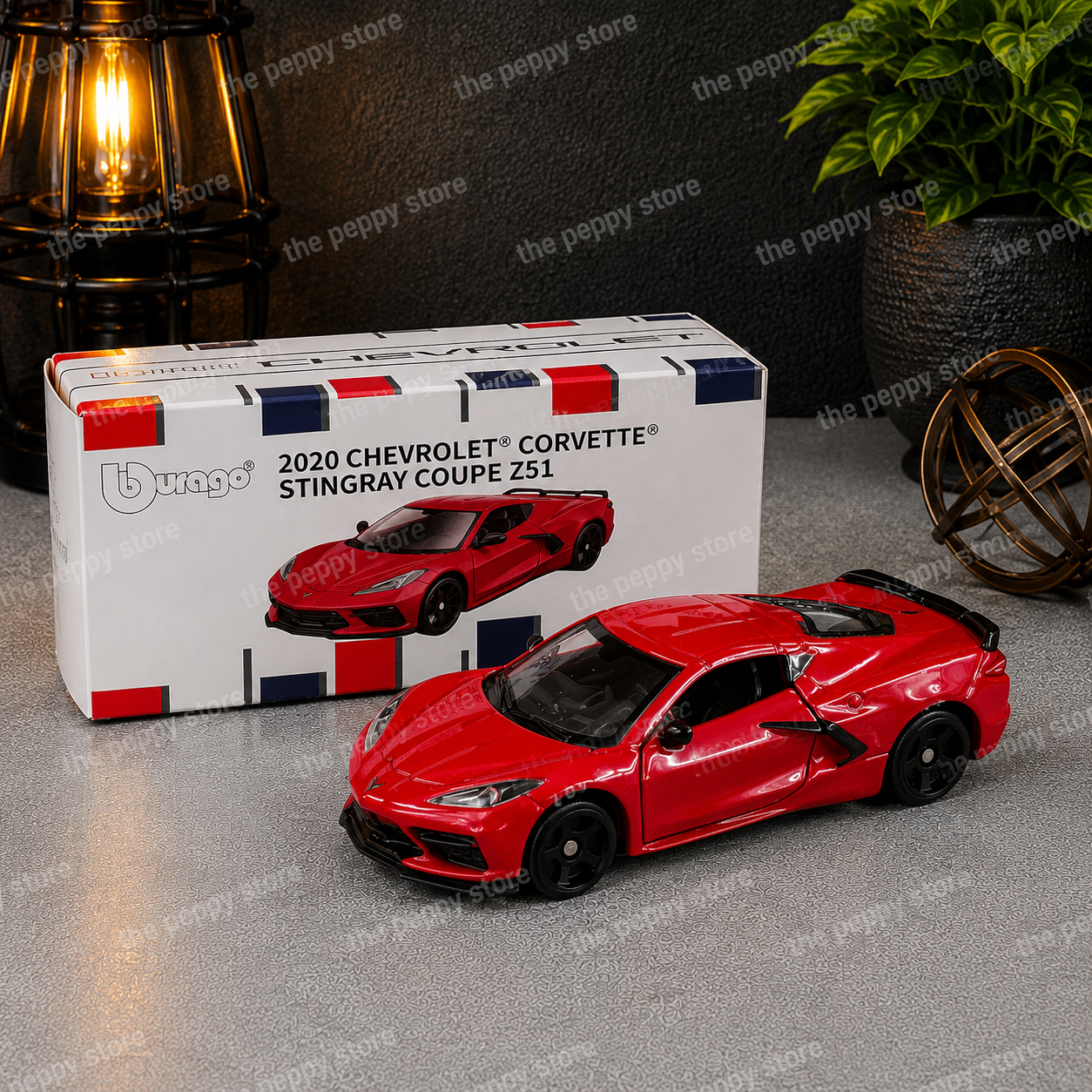 Official Bburago 2020 Chevrolet Corvette Stingray Coupe Z51 - Red - 1 : 64 Diecast Scale Model