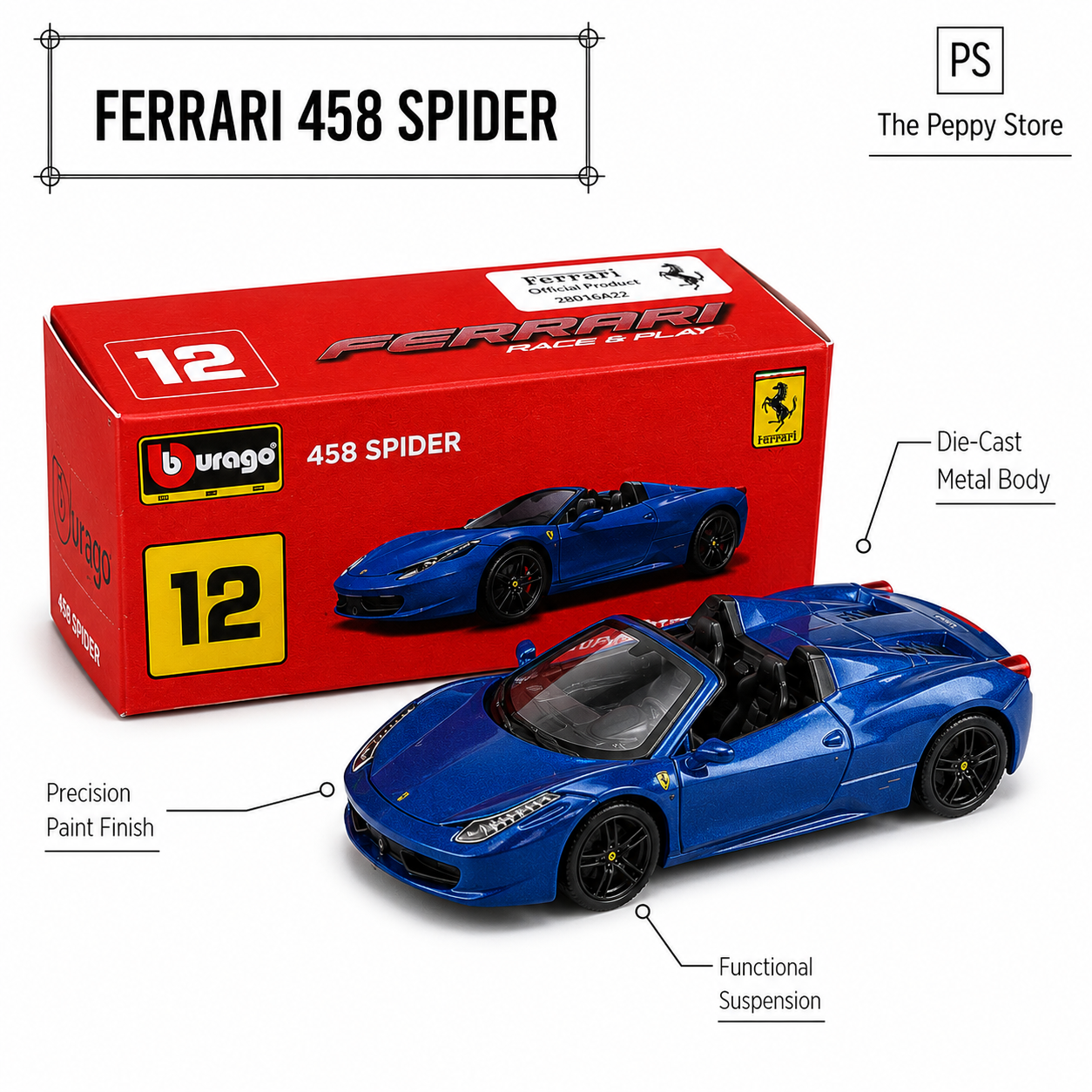 Official Bburago 458 Spider - 1 : 64 Diecast Scale Model