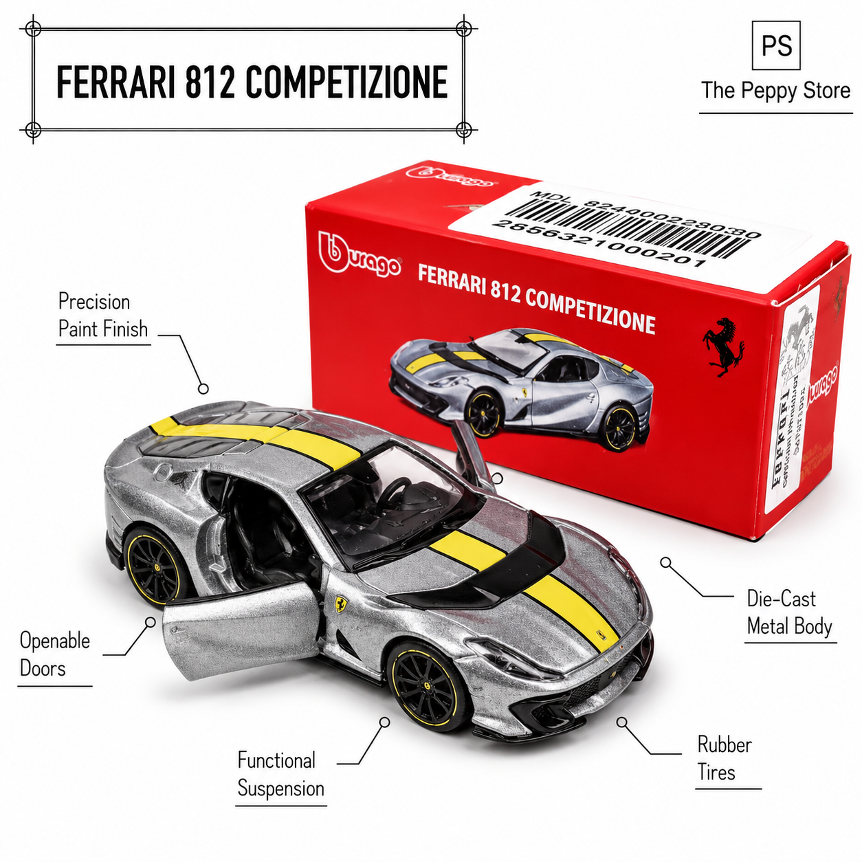 Official Bburago Ferrari 812 Competizione Silver- 1 : 64 Diecast Scale Model