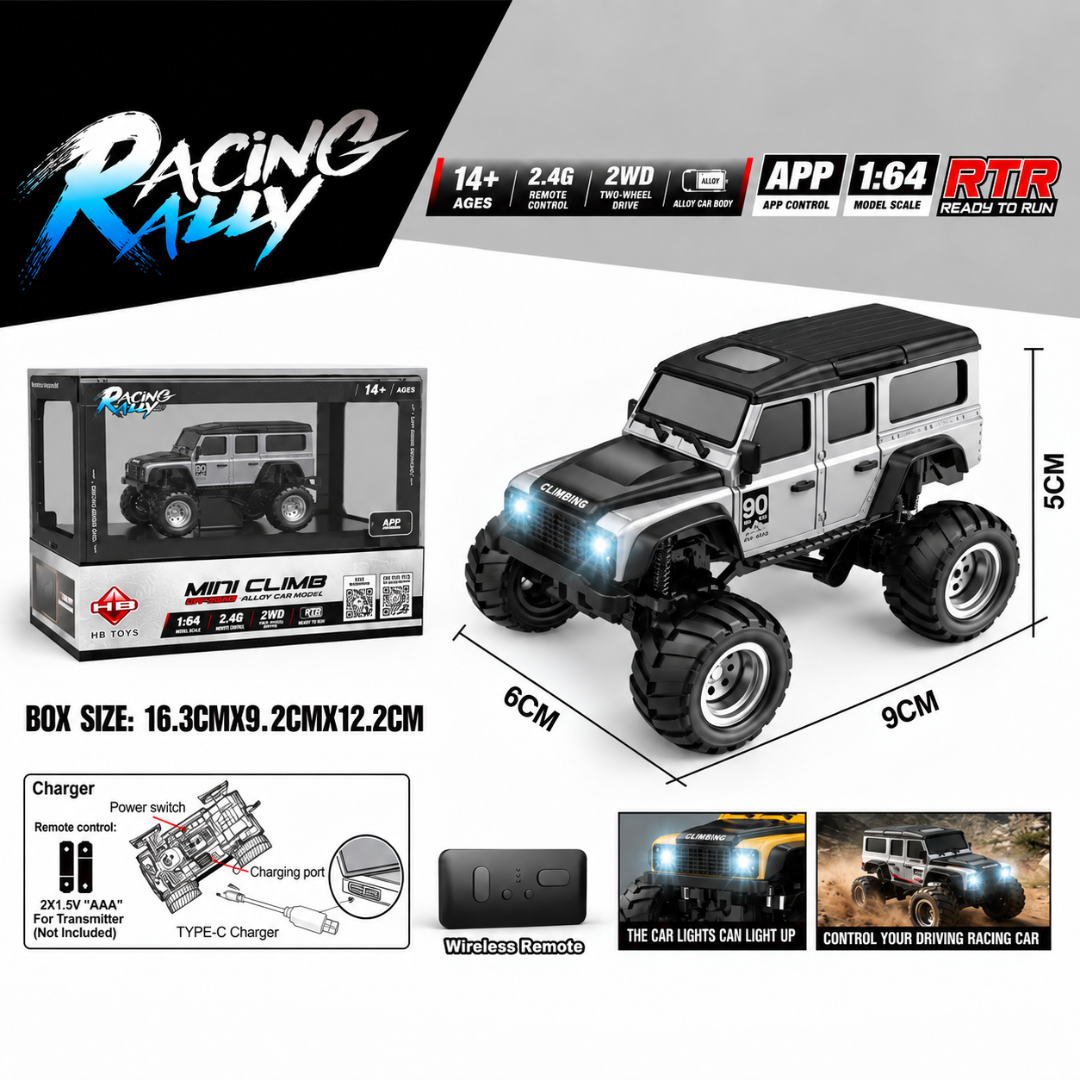 Racing Rally Mini Climb 1:64 2WD RC Car – Grey Off-Road | 2.4GHz APP Control
