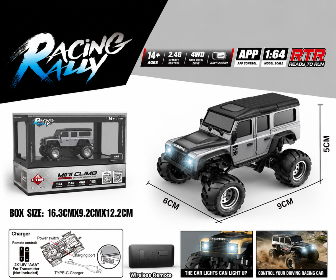 Racing Rally Mini Climb 1:64 4WD RC Car – Grey Off-Road | 2.4GHz APP Control