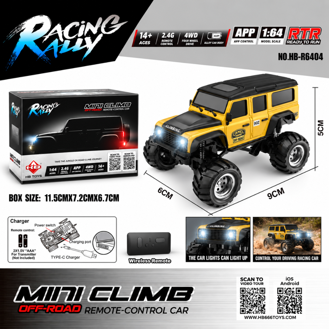 Racing Rally Mini Climb 1:64 4WD RC Car – Yellow Off-Road | 2.4GHz APP Control