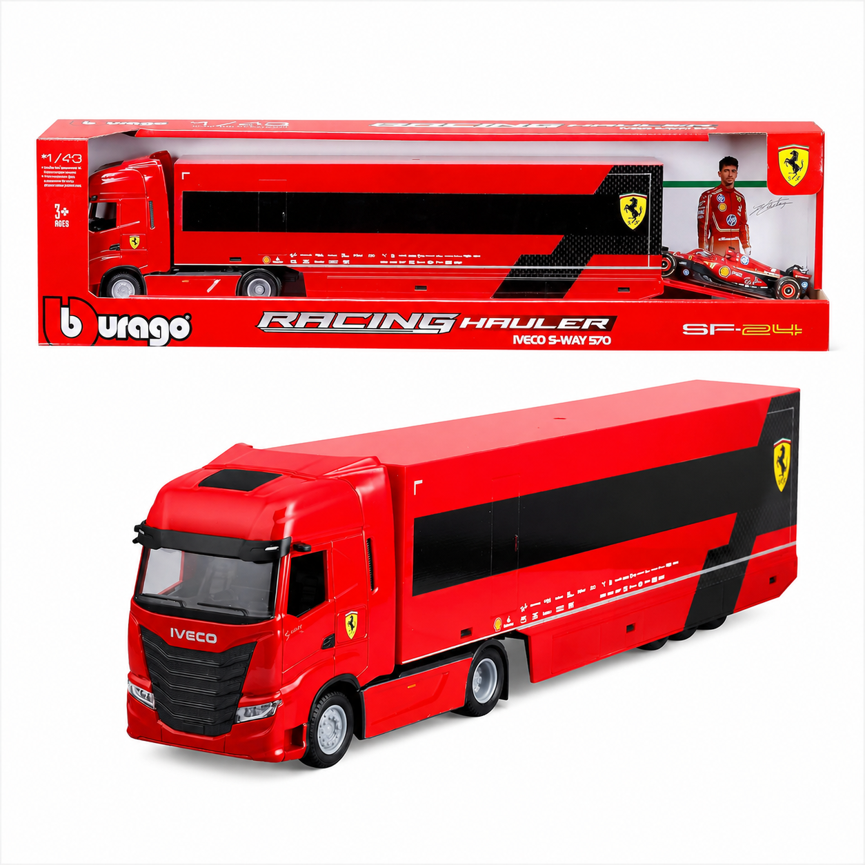 Bburago Ferrari SF-24 Charles Leclerc Racing Hauler Truck with Formula 1 Car – Premium Die-Cast Model Set
