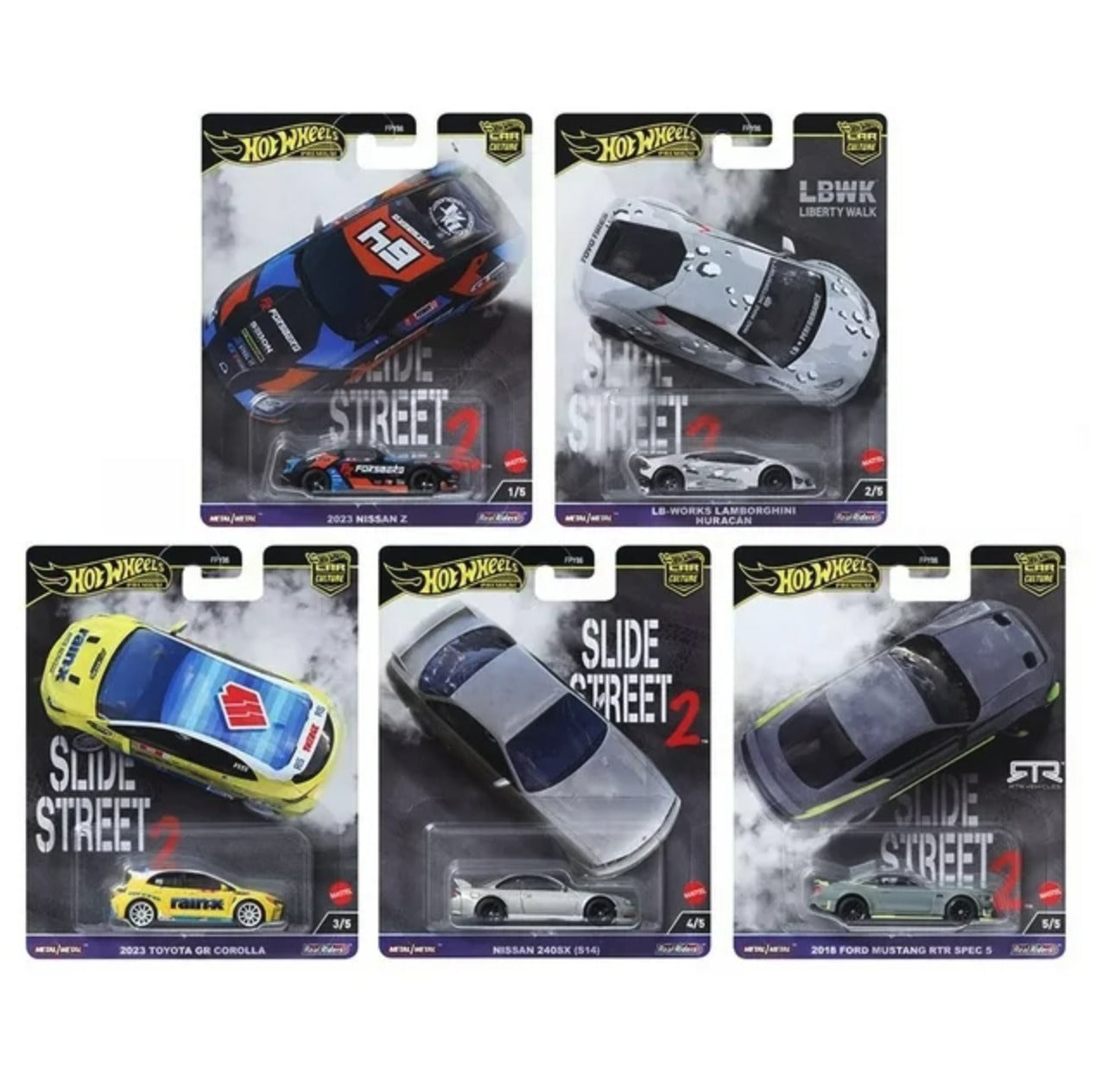 1:64 Hot Wheels 2024 Slide Street 2 (Real Drift Cars)- Premium Pop Culture Series H Diecast Model Cars ( Set Of 5 )