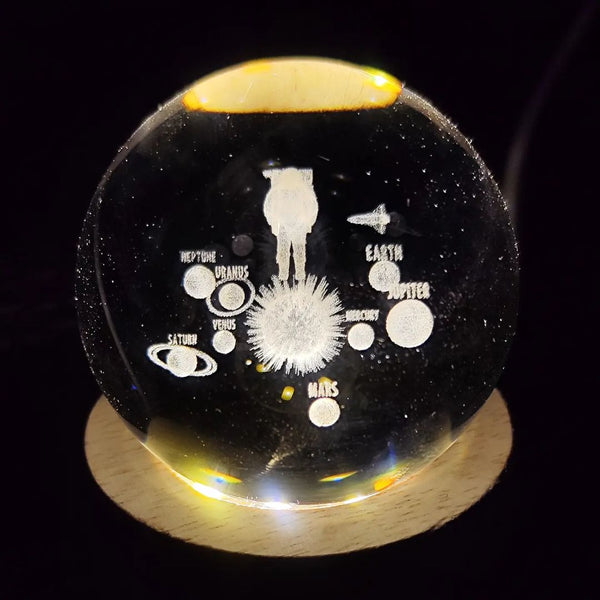 3D Crystal Astronaut With Planets Warm Led with Wood Base