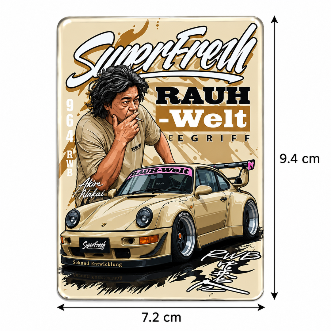 Superfrench RWB Porsche-Themed Metal Fridge Car Magnet – Beige Design | 7.2 × 9.4 cm