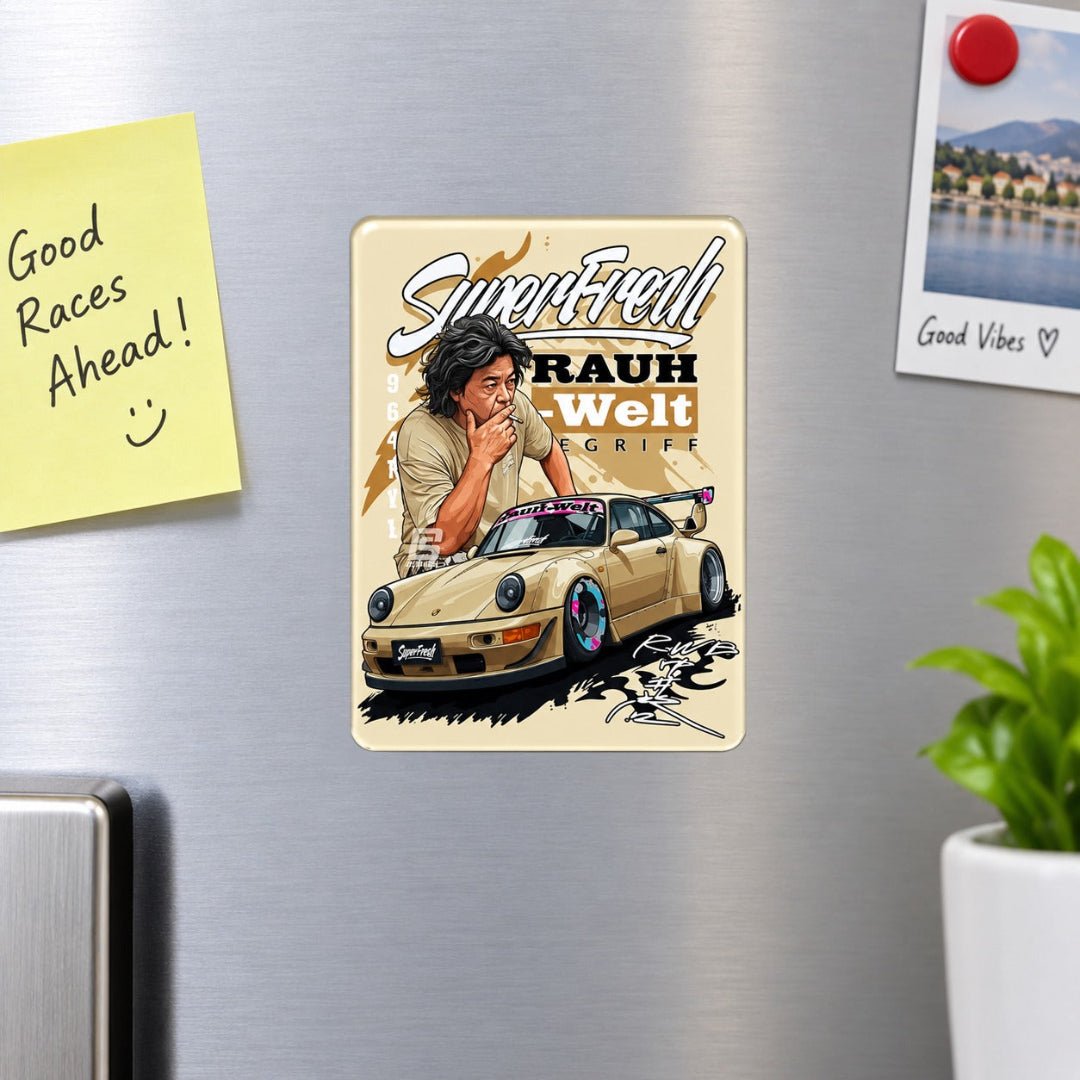 Superfrench RWB Porsche-Themed Metal Fridge Car Magnet – Beige Design | 7.2 × 9.4 cm