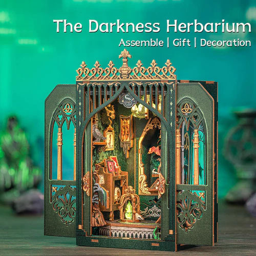 3D Wooden DIY Book Nook Quiet Herbarium Miniature Kit for Bookshelf Decor with LED Ligh