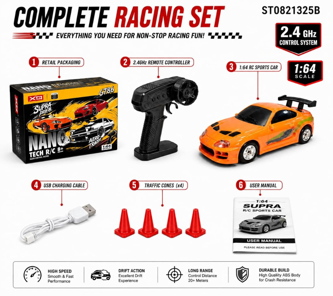 Toyota Supra MK4 Remote Control Drift Car with LED Headlights, Wireless Remote, Rec 1:64 Scale