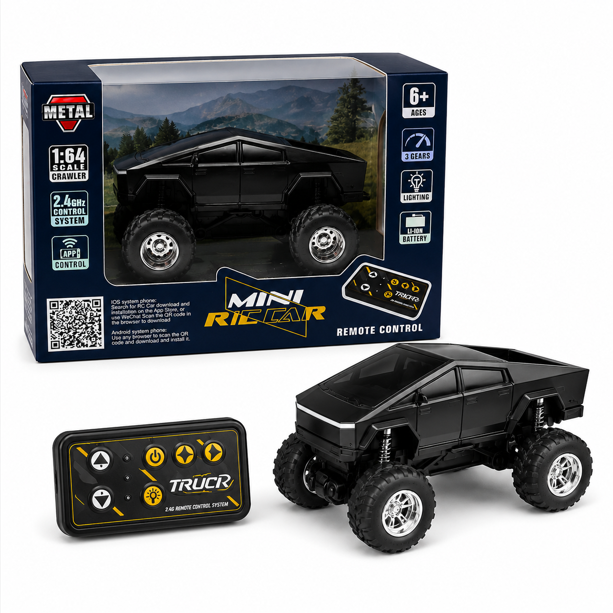 Trasped Cyber Style Mini Remote Control Monster Truck with LED Lights, 2.4GHz Remote & App Control (Black)