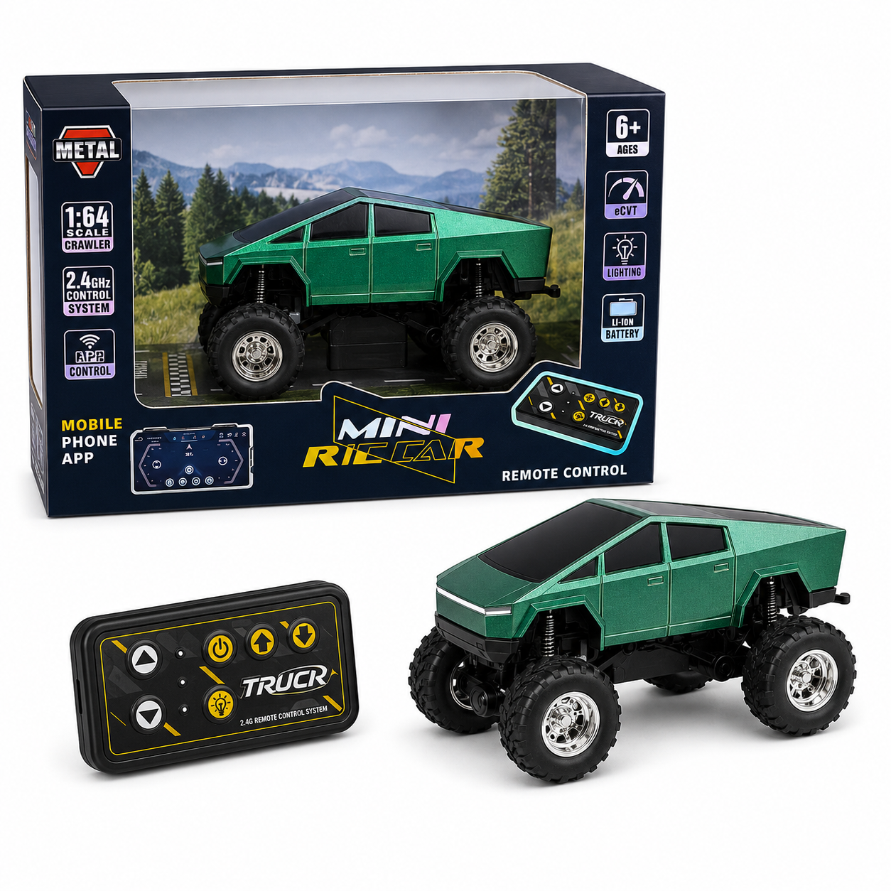 Trasped Cyber Style Mini Remote Control Monster Truck with LED Lights, 2.4GHz Remote & App Control (Green)