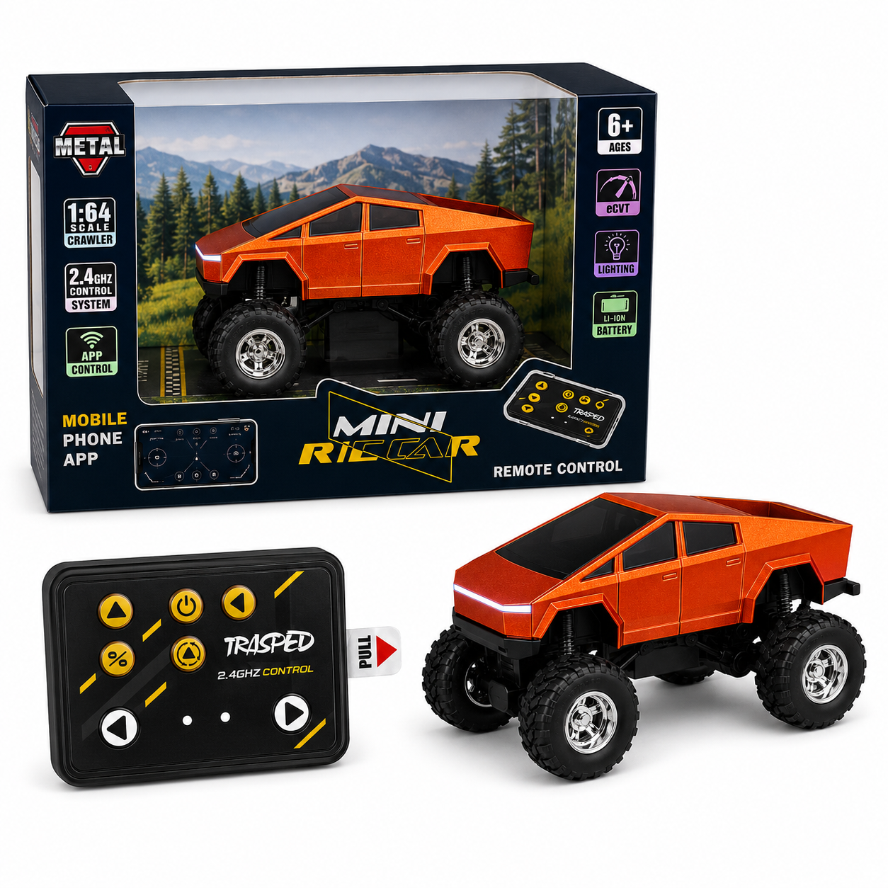 Trasped Cyber Style Mini Remote Control Monster Truck with LED Lights, 2.4GHz Remote & App Control (Orange))