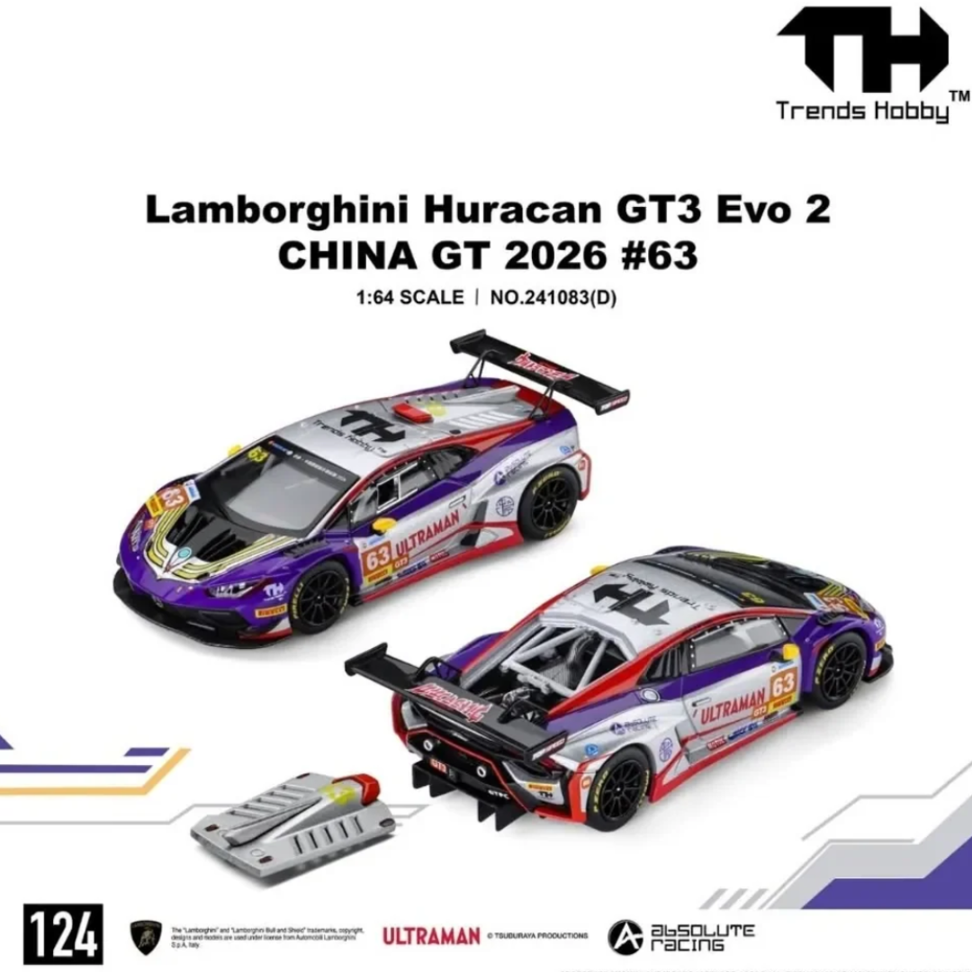 Trends Hobby Lamborghini Huracan GT3 EVO 2 #63 Ultraman China GT 2026 1:64 Diecast Model Car – TH-124