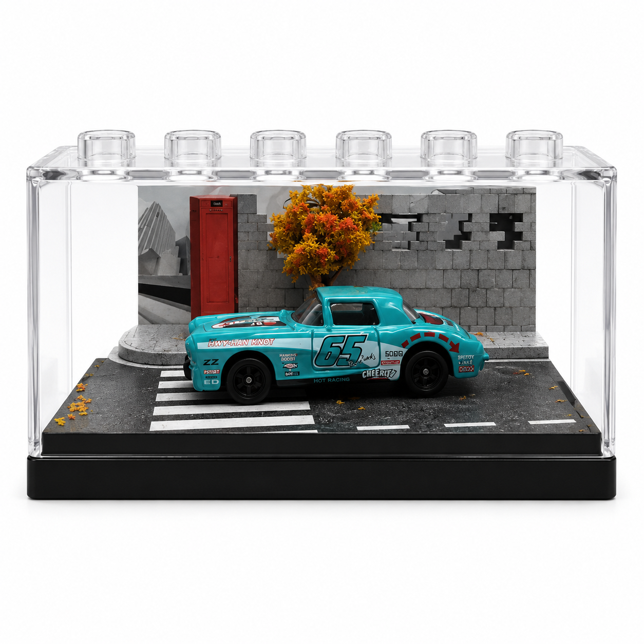 Turquoise Racing Car Miniature Diorama Display – Premium Urban Street Scene with Acrylic Case