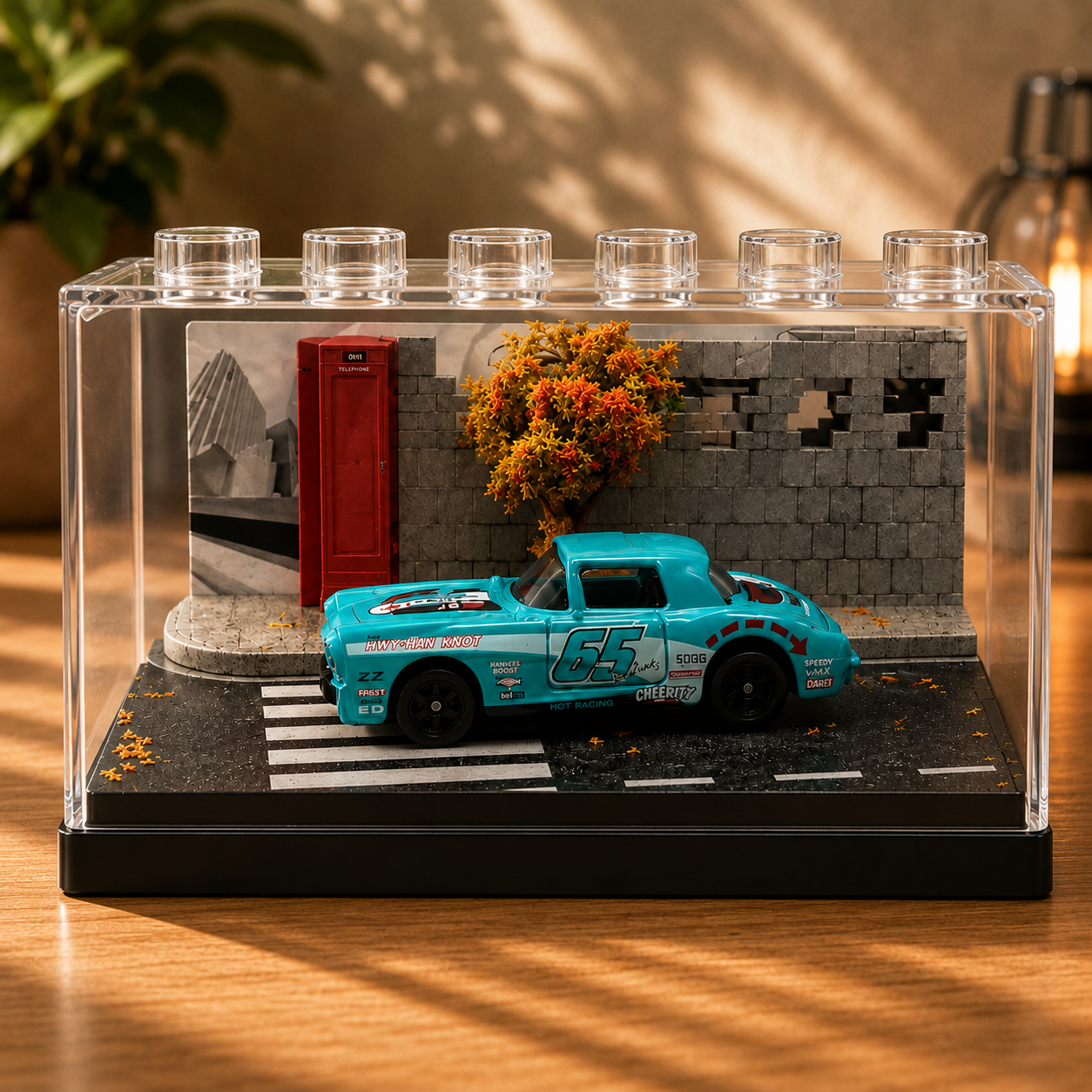 Turquoise Racing Car Miniature Diorama Display – Premium Urban Street Scene with Acrylic Case